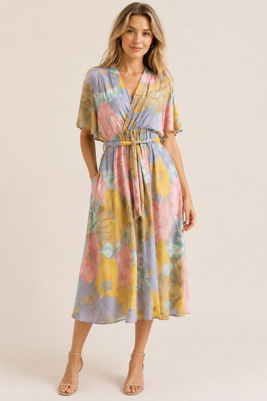 Vintage Cachet Floral Midi Dress Size 12 Pastel Chiffon Flutter Sleeve Belted